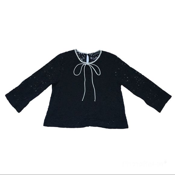 Zara M black lace long sleeve crop top white bow tie lacy shirt blouse witchy​ - Picture 13 of 15